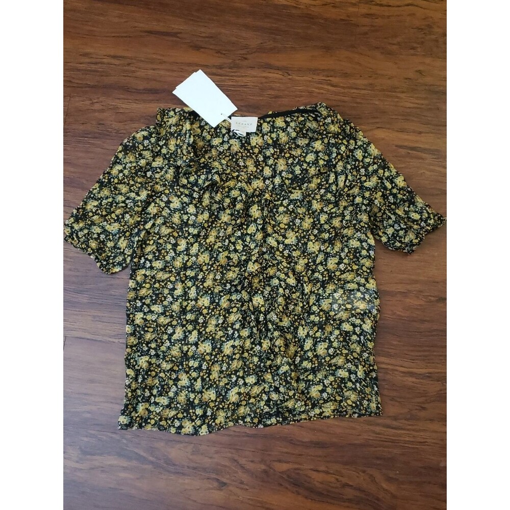 Sezane Yellow Black Floral Short Sleeve Blouse Size 34 Romantic Fairy Feminine - Picture 2 of 9